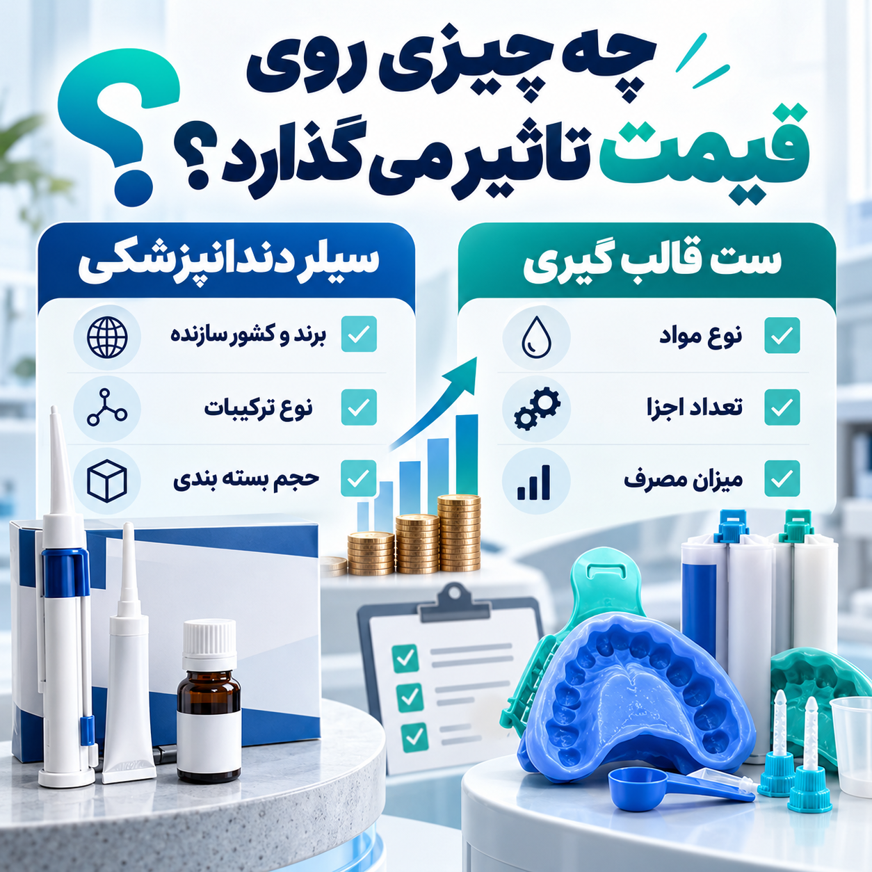 عوامل موثر بر قیمت سیلر دندانپزشکی و قیمت ست قالبگیری دندان شامل برند، ترکیبات، حجم و تعداد اجزای بسته